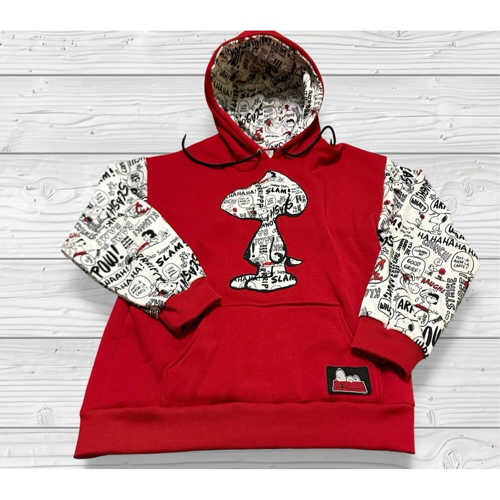 Peanuts Red Crewneck Sweatshirt with Comic-Print White Sleeves S
